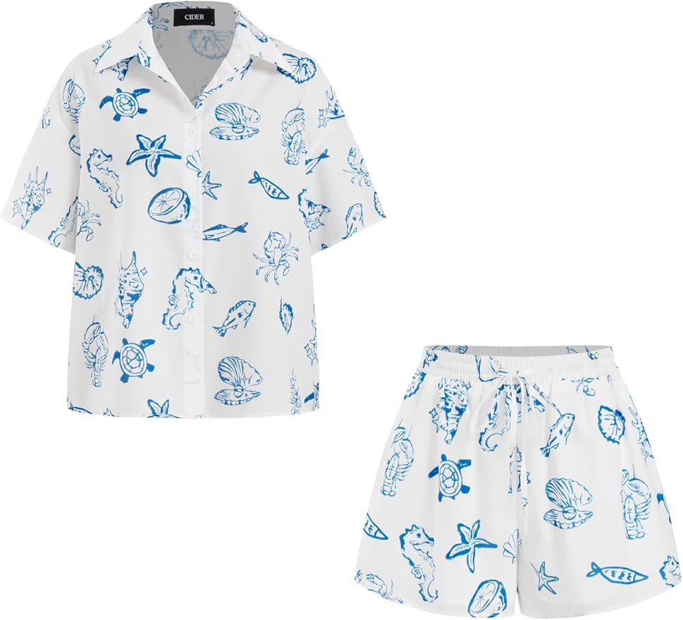 CIDER Two Piece Sets for Women Summer Beach Short Sleeve Button Down Shirt Loose Fit Shorts Match... | Amazon (US)