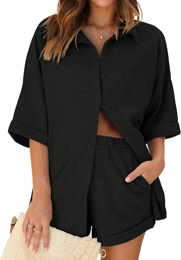 Ekouaer Waffle Knit Lounge Sets for Women Short Sleeve Pajamas Button Down Pjs Oversized Loungewe... | Amazon (US)