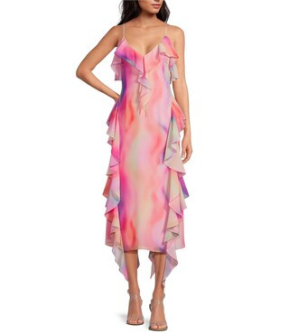 Gianni Bini Tammy Printed Chiffon Ruffle V-Neck Dress | Dillard's | Dillard's