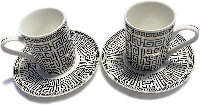 Mazeology Espresso Cups Greek Key Design Bone China 2 Sets Cups and Saucers Black and White with ... | Amazon (US)