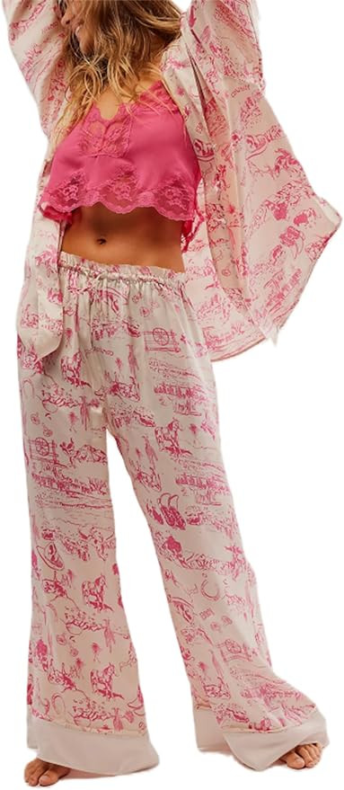 Yuemengxuan Women Floral Satin Silk Pajamas Set Casual Party Outfits Long Sleeve Button down Shir... | Amazon (US)