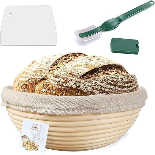 9 Inch Proofing Basket,WERTIOO Banneton Bread Proofing Basket + Bread Lame +Dough Scraper+ Linen ... | Amazon (US)
