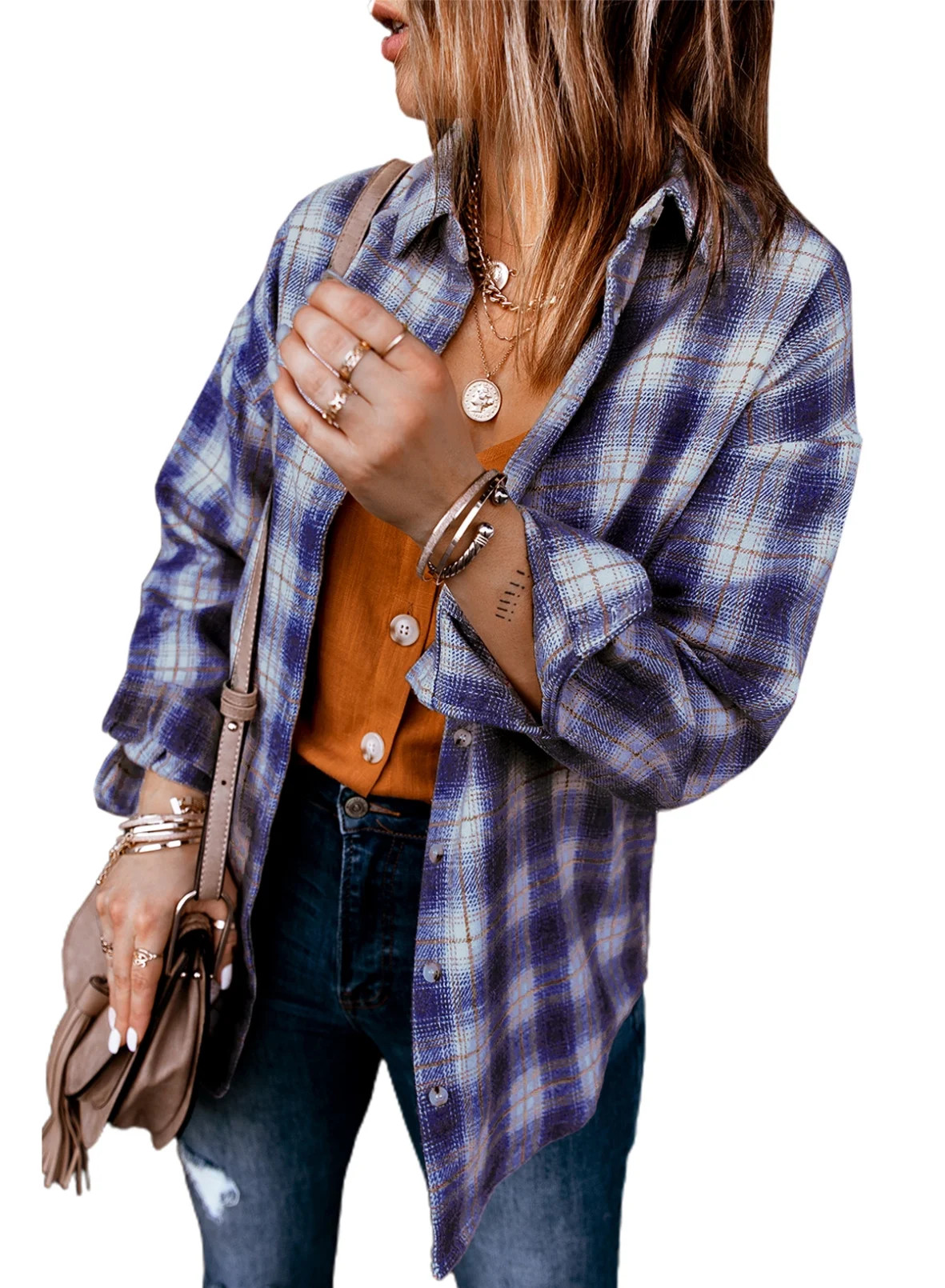 Dokotoo Women's Blue Shirt Jacket Plaid Print Long Sleeve Button Down Blouses Casual Loose Tops S... | Walmart (US)