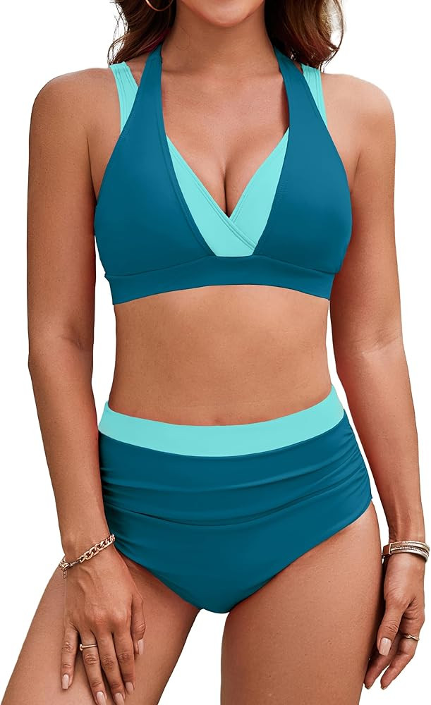 BMJL Women's High Waisted Bikini Sets Tummy Control Swimsuits Two Piece Color Block Modest Bathin... | Amazon (US)