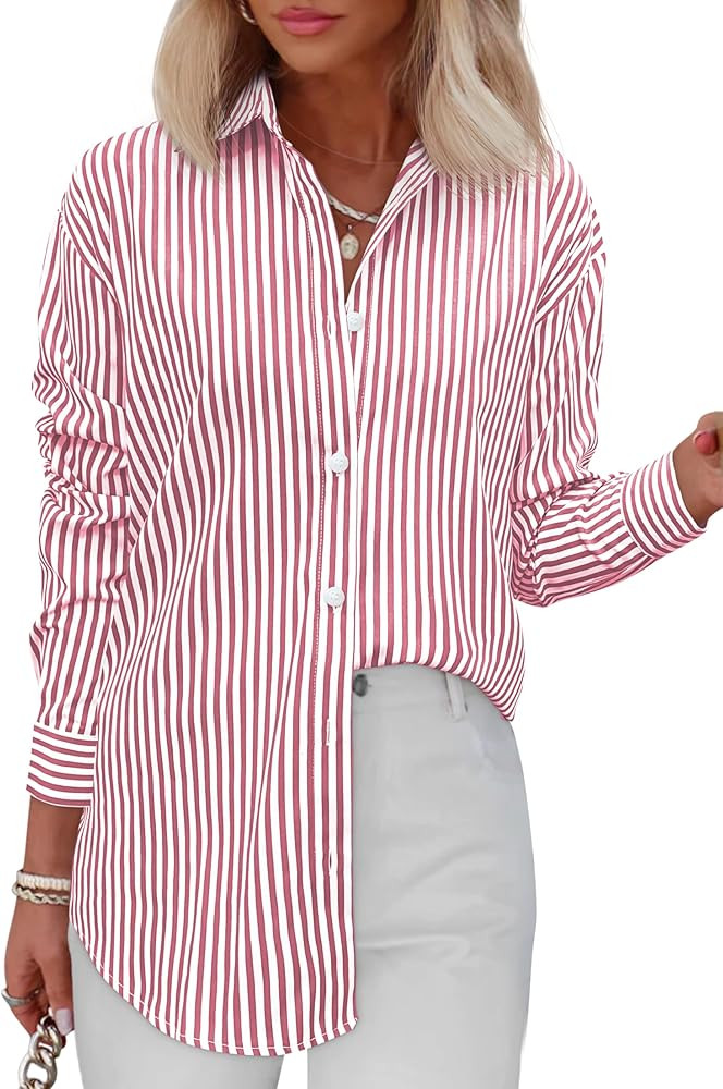 Diosun Womens Striped Button Down Shirts Classic Long Sleeve Stylish Collared Office Work Blouses... | Amazon (US)