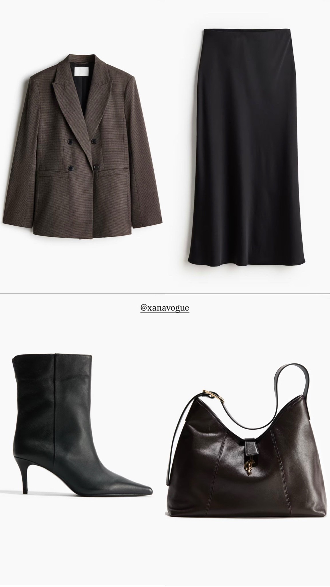 Houndstooth Blazer and Black Satin Midi Skirt 🍂

Effortlessly polished fall styling. A dark taupe houndstooth double-breasted blazer paired with a softly draped black satin midi skirt, sleek black heeled ankle boots and a rich chocolate brown leather shoulder bag. The contrast of textures and neutral tones creates a timeless and sophisticated look. Perfect for office days, business meetings, lunch dates or an elegant evening out. An easy outfit to take from day to night.

🔎 houndstooth blazer outfit, black satin midi skirt, black ankle boots, chocolate brown leather bag, fall office outfit, elegant autumn style, quiet luxury, chic workwear, sophisticated everyday outfit