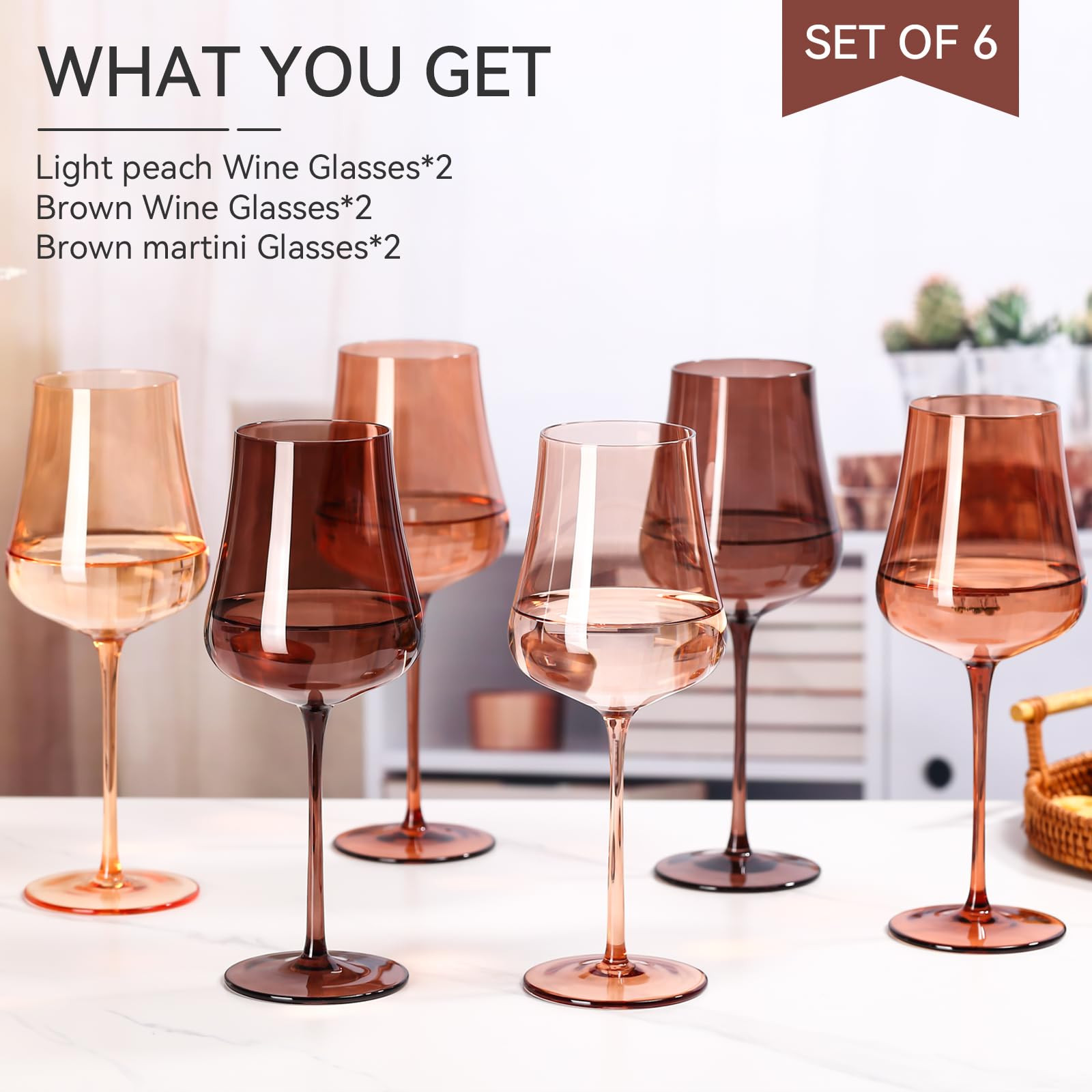 Brown Wine Glasses Set of 6-18oz Hand Blown venus Wine glasses - Unique Gift for Birthday,Wedding, housewarming | Amazon (US)