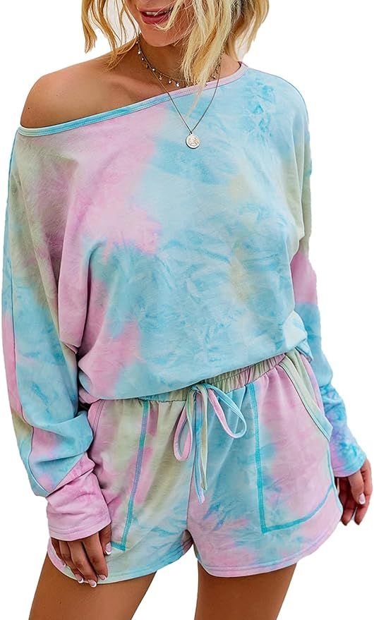 BTFBM Women Pajamas Long Sleeve Shirts Drawstring Pockets Shorts Two Piece Lounge Pajama Set Tie ... | Amazon (US)