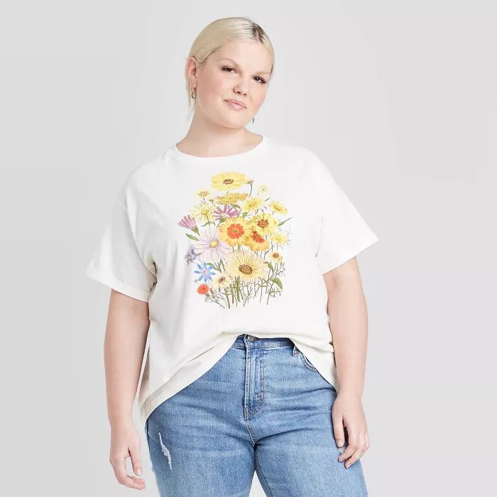 Women's Plus Size Floral Print Rolled-Cuff Short Sleeve Graphic T-Shirt - Fifth Sun (Juniors') - ... | Target