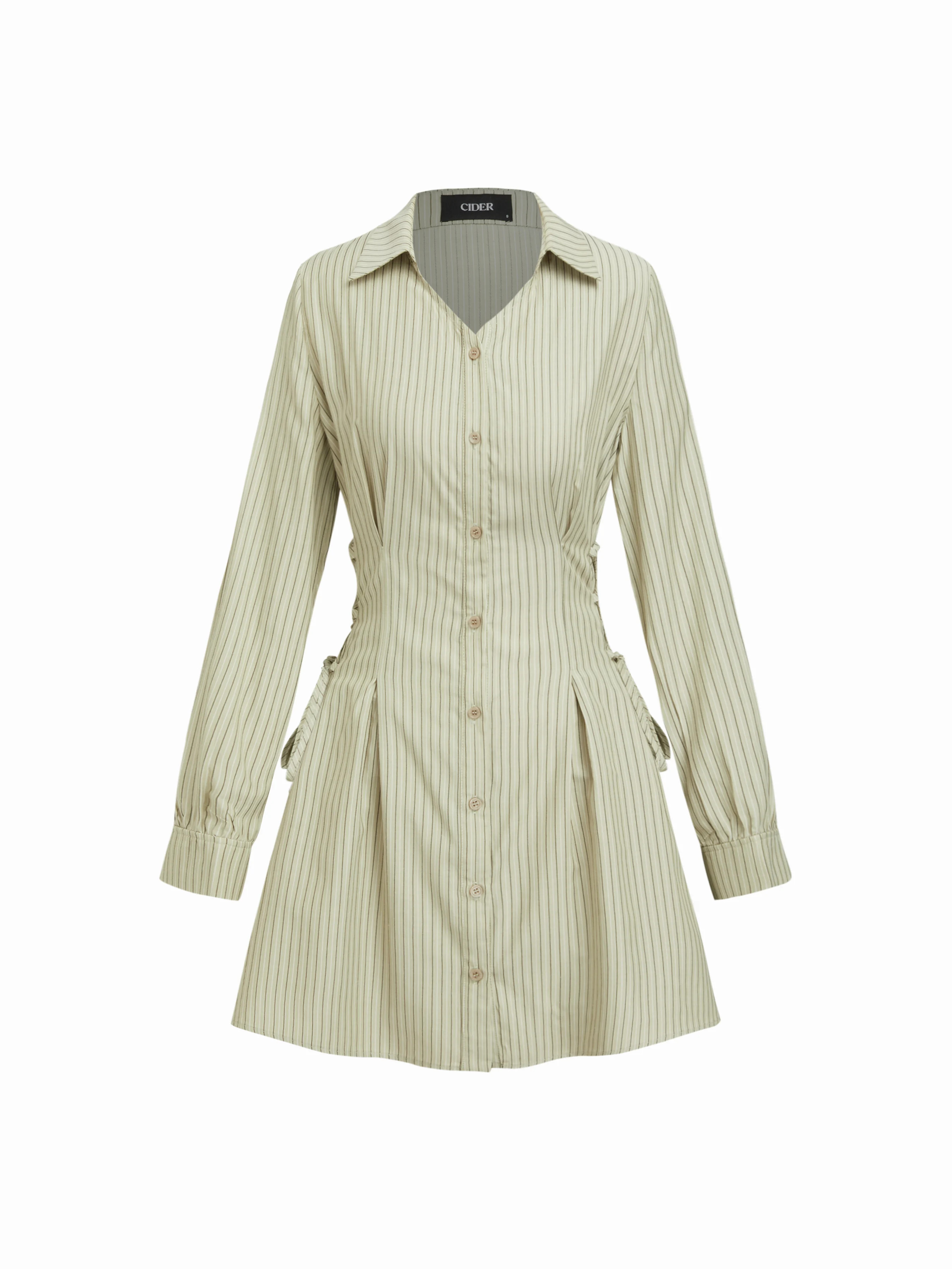 Woven Cotton-blend Striped Collar V-neck Long Sleeve Lace Up Mini Shirt Dress For Daily Casual | Cider