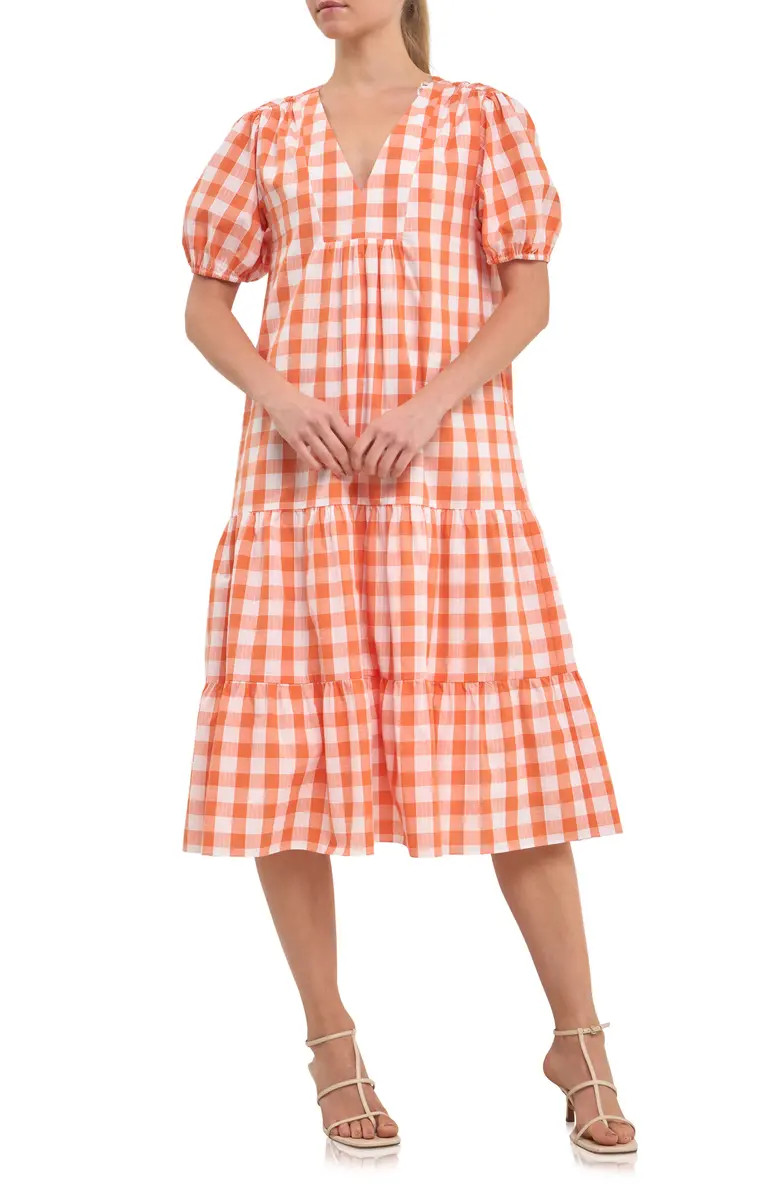 Gingham Tiered Puff Sleeve Cotton Midi Dress | Nordstrom