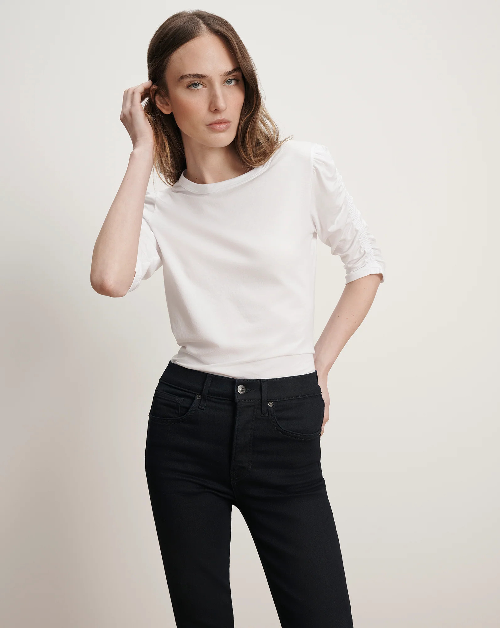 Veronica Beard Waldorf Ruched-Sleeve T-Shirt White | Veronica Beard