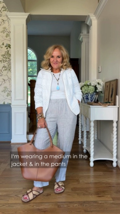 This white knit cardigan and striped wide-leg pants make an easy, comfortable summer outfit. The neutral palette keeps it polished, while the woven sandals and leather tote add a relaxed touch.

Fit note: I‘m wearing a medium in the jacket & in the pants

💡 LTK MADE EASY
❤️ Heart = Support my posts!
🔖 Save = Get sale & restock alerts
📋 Lists = Keep favorites organized
📲 Share = Send lists and products to a friend. Hello, Christmas List!
💬 Comment = Ask me anything about what I'm wearing.:-)

#LTKootd #LTKTravel #LTKOver40