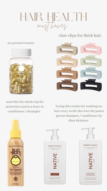 hair necessities, claw clips for thick hair, prenatal vitamins, pregnancy must haves, shampoo and conditioner, non toxic beauty, leave in conditioner, must have beauty products, summer beauty products 

#LTKbeauty #LTKxPrimeDay #LTKtravel