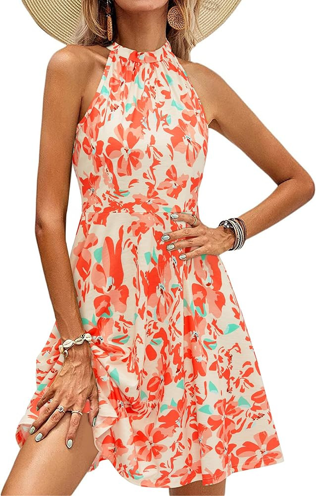 OUGES Women's Halter Neck Floral Summer Casual Sundress | Amazon (US)