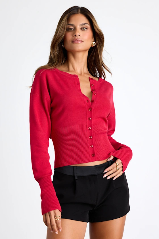 Liraline Red Button-Front Ribbed Cuff Cardigan Sweater | Lulus