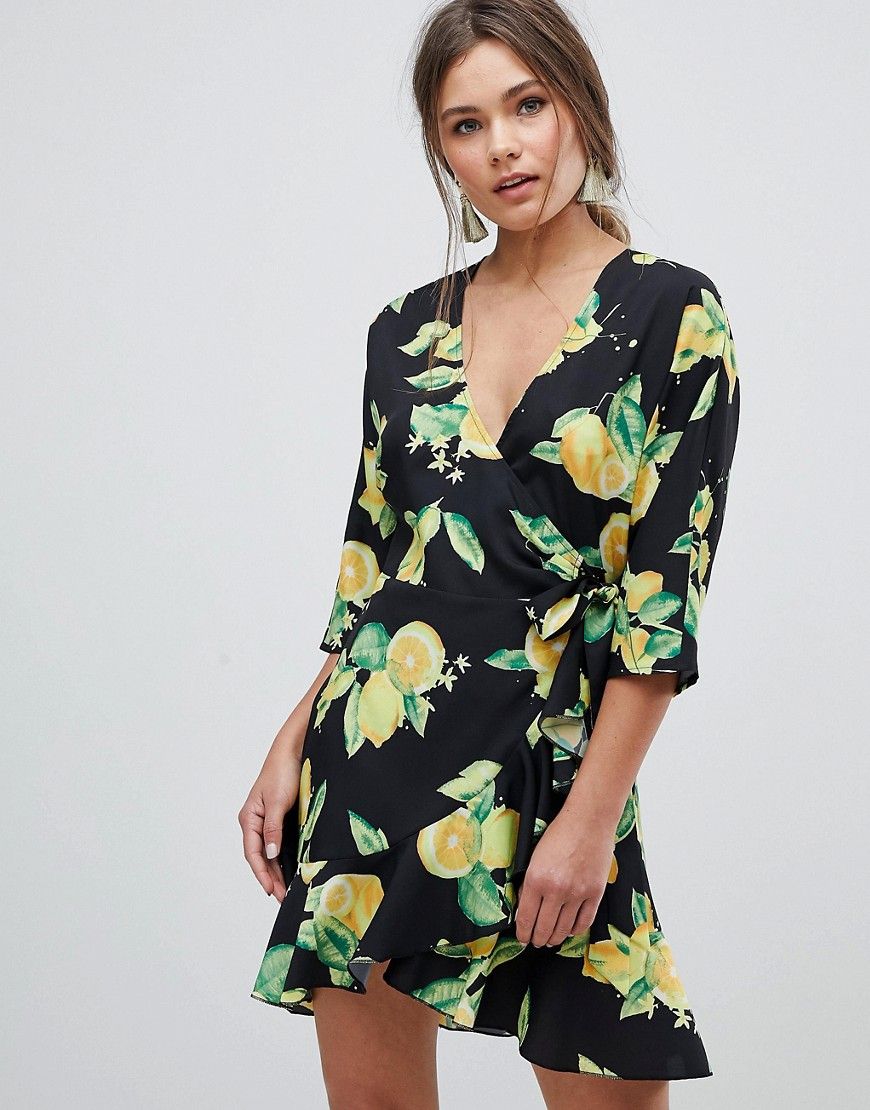ASOS Ruffle Wrap Lemon Print Mini Dress - Multi | ASOS US