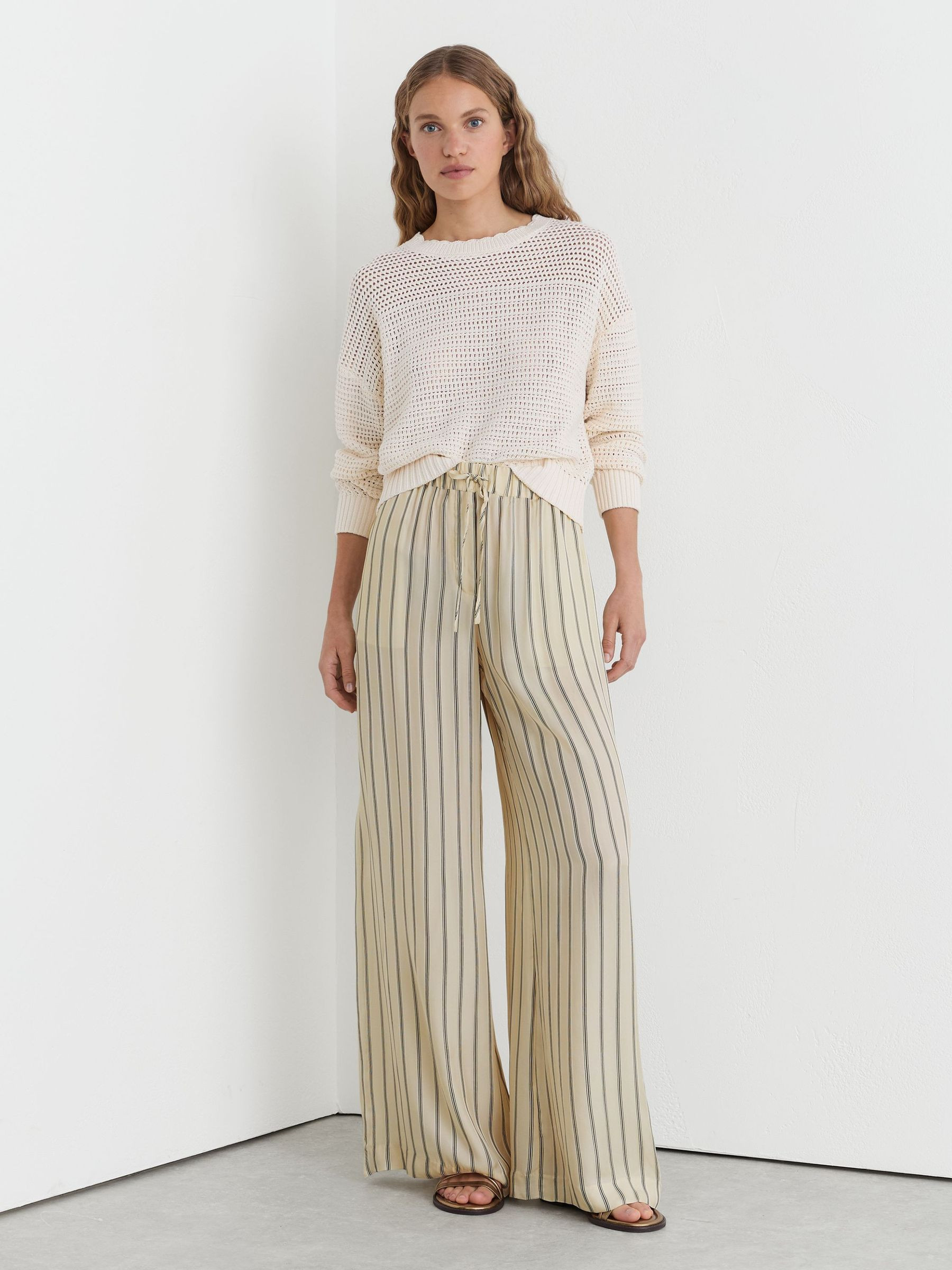 Reiss Petite Lyocell Striped Wide-Leg Trousers in Neutral/Navy | REISS | Reiss US