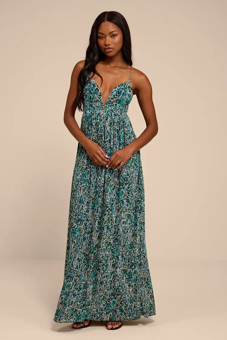 Kit Teal Multi Floral Pleated Lace-Up Maxi Dress | Lulus