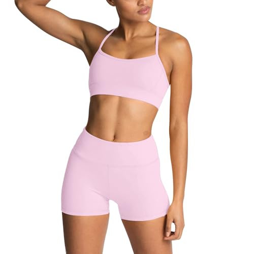 IMEKIS Workout Sets for Women: Cute 2 Piece Yoga Outfit Matching Clothing Tracksuits High Waisted Running Biker Shorts with Sport Bra Exercise Clothes Athletic Gym Active Wear # Light Pink Small | Amazon (US)