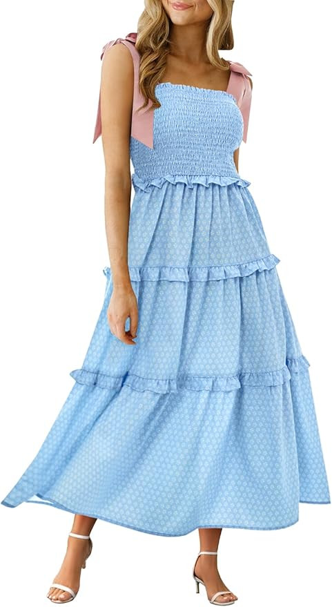 Wenrine Womens Summer Floral Maxi Dress Smocked Tie Shoulder Boho Sleeveless Ruffle Tiered Casual... | Amazon (US)