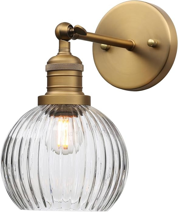 Antique Brass Wall Sconces, Hardwired Wall Sconce with Clear Ribbed Globe Glass Shade, Vintage Indoor Wall Light Fixture for Bathroom, Bedroom, Hallway, Living Room | Amazon (US)
