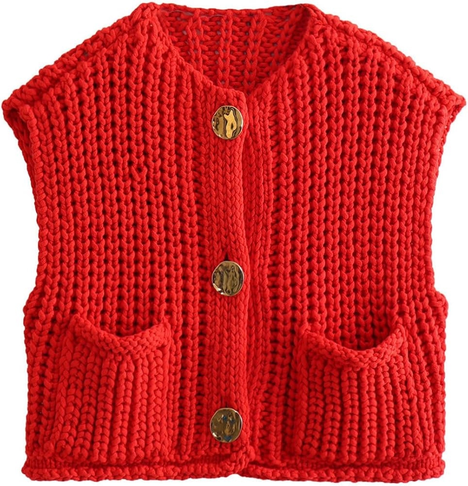 Womens Crochet Chunky Knit Sweater Vest Crop Sleeveless Button Down Vest Trendy Cardigan Top for ... | Amazon (US)