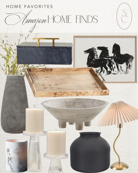 Amazon home finds include horse artwork, decorative bowl, tray, decorative box, faux greenery stem, gold lamp, black vase, candle holders, marble candle, grey vase.

Home decor, home accents, decorative accents, looks for less, Amazon finds

#LTKfindsunder100 #LTKstyletip #LTKhome