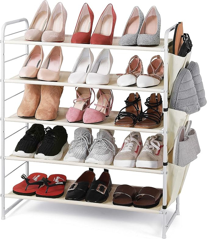 Simple Trending 5-Tier Stackable and Expandable Shoe Rack with Side 6 Shoes Pockets, White | Amazon (US)