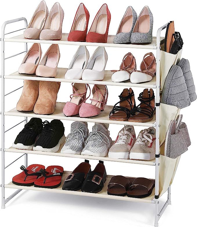 Simple Trending 5-Tier Stackable and Expandable Shoe Rack with Side 6 Shoes Pockets, White | Amazon (US)