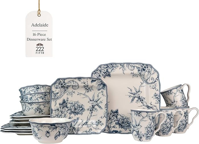 222 Fifth Adelaide 16-Piece Square Floral Dinnerware Set – Service for 4, Blue & White Porcelai... | Amazon (US)