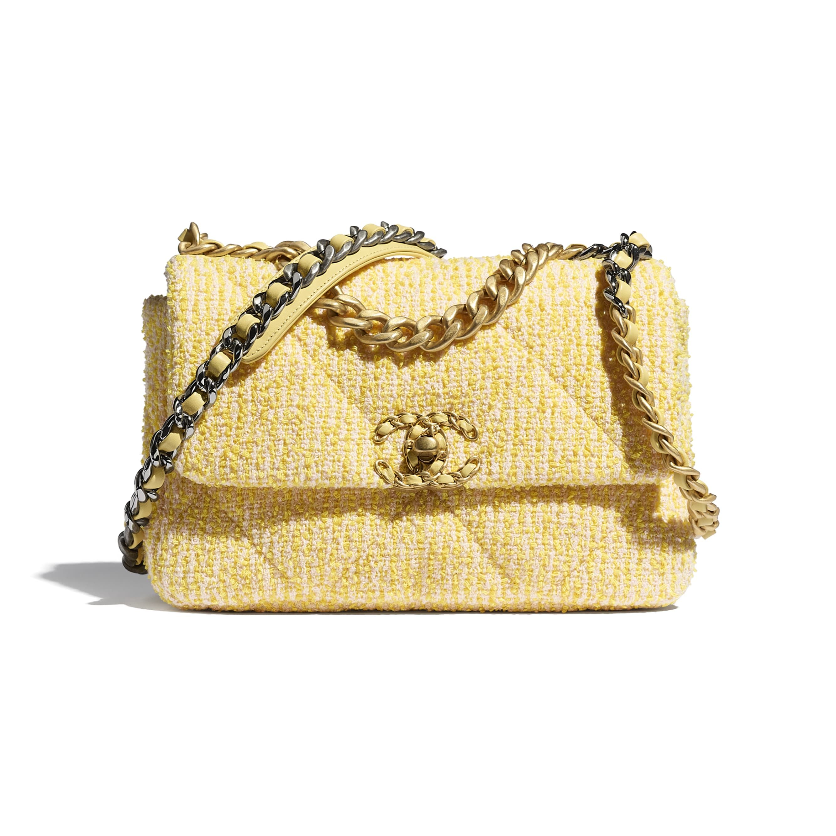 Tweed, Gold-Tone, Silver-Tone & Ruthenium-Finish Metal Yellow & Pink CHANEL 19 Flap Bag | CHANEL | Chanel, Inc. (US)