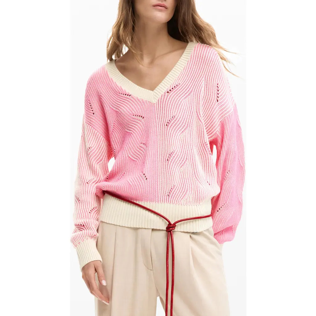 Desigual Colorblock Cotton Blend Pointelle Sweater in Pink at Nordstrom, Size X-Large | Nordstrom