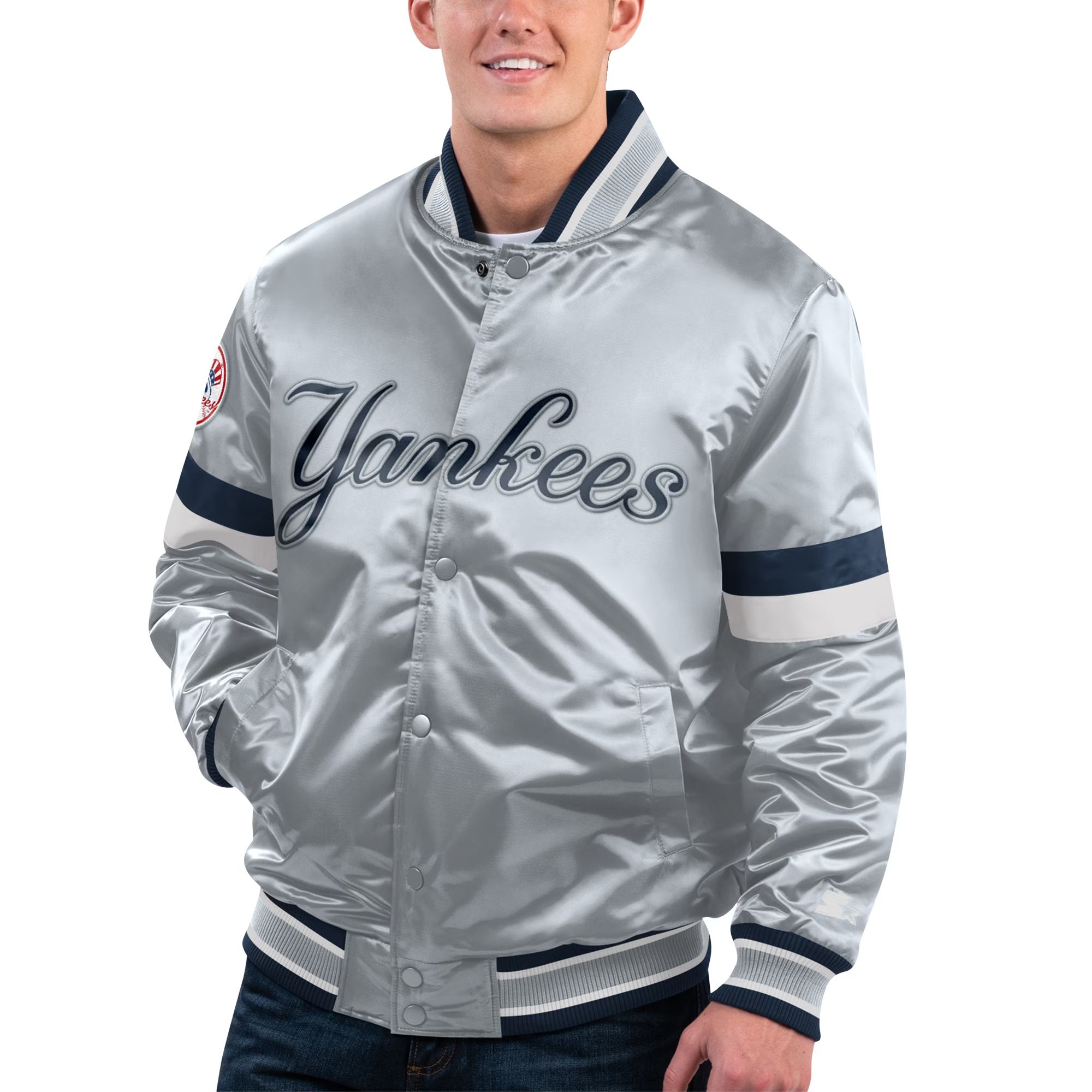 Men's New York Yankees Starter Gray Home Game Satin Full-Snap Varsity Jacket | MLB Shop