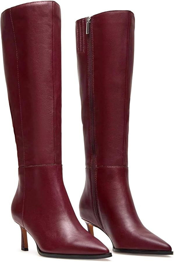 MICIFA Burgundy Kitten Heel Knee High Boots for Women Side Zipper Tall Leather Boots Pointed Toe ... | Amazon (US)