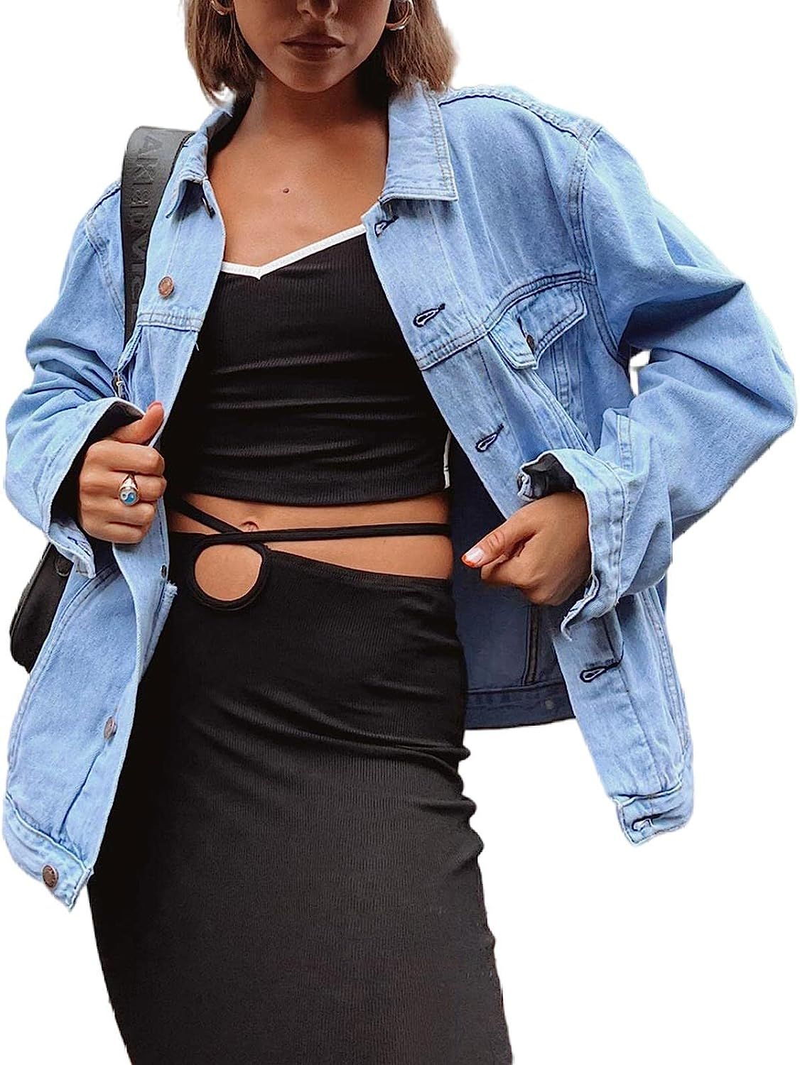 Women Oversized Jean Jacket Long Sleeve Button Down Denim Jacket with Pockets | Amazon (US)