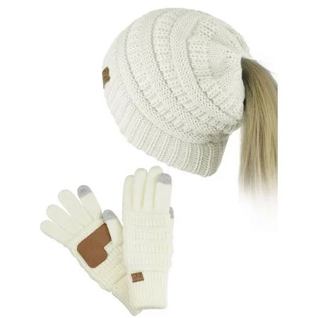 C.C BeanieTail Messy High Bun Cable Knit Beanie and Anti-Slip Touchscreen Gloves Set Ivory | Walmart (US)