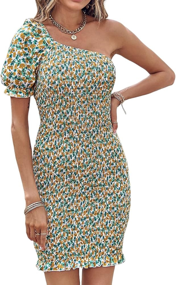 NALANISA Womens Summer Floral Smocked One Shoulder Dresses Short Sleeve Bodycon Mini Boho Casual ... | Amazon (US)