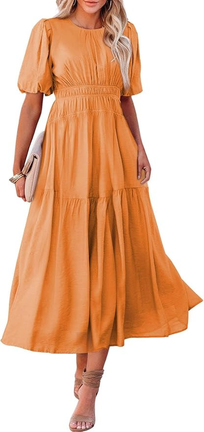 AlvaQ Womens Casual Dresses Summer Crewneck Puff Sleeve Smocked Midi Dress High Waist Ruffle Flow... | Amazon (US)
