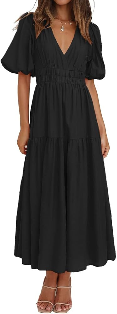 ISZPLUSH Women’s Midi Dress Sexy Deep V Neck Puffy Short Sleeve High Waist Flowy Swing Summer B... | Amazon (US)