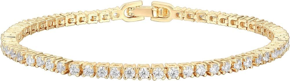 PAVOI 14K Gold Plated Princes Cut Cubic Zirconia Classic Tennis Bracelet | Gold Bracelets for Wom... | Amazon (US)