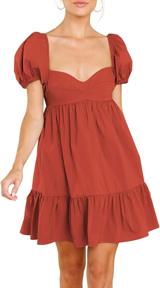 BELONGSCI Women's 2024 Summer Dress,Square & Sweetheart Neck Dress Short Puff Sleeve A-Line Casua... | Amazon (US)