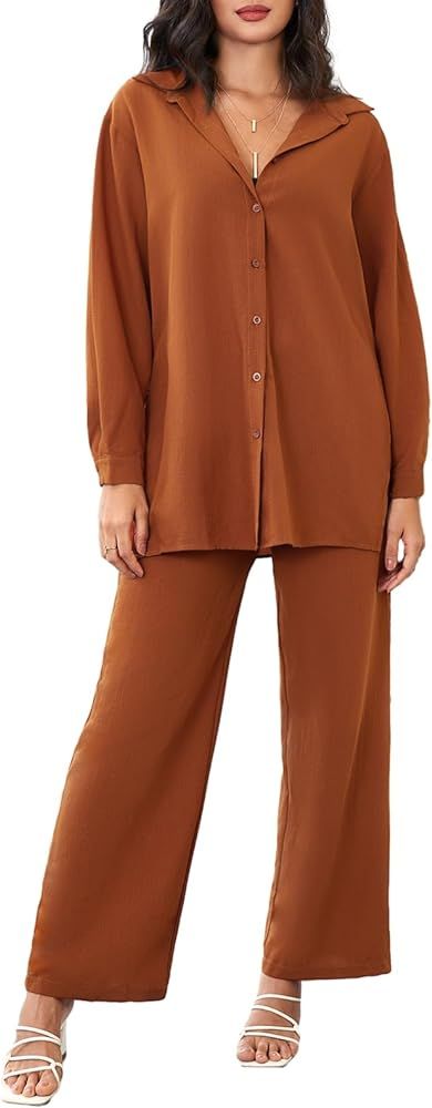 Women's 2 Piece Outfits Slit Hem Longline Blouse and Wide Leg Pants Set | Amazon (US)
