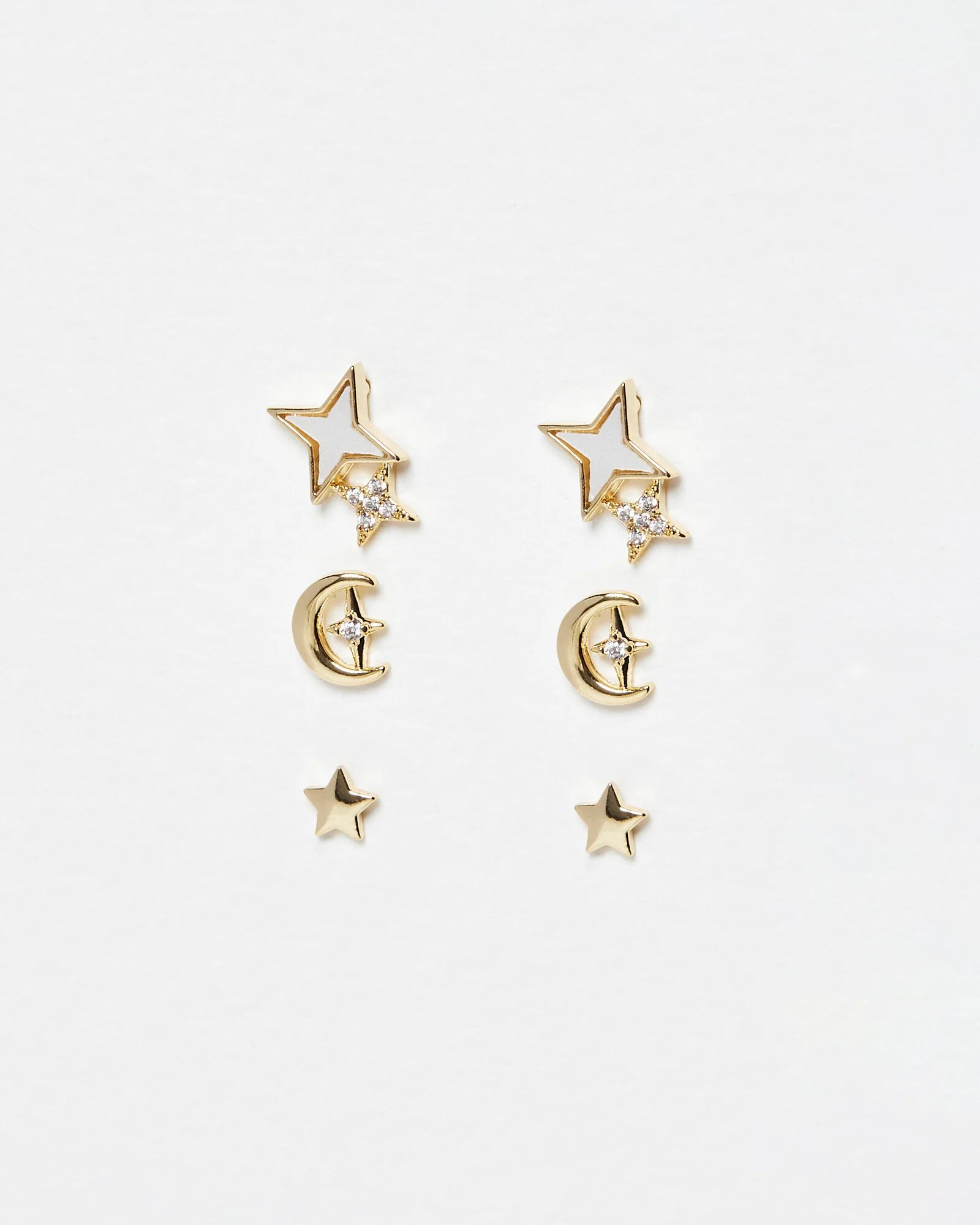 Sagittarius Shell & Gold Moon & Stars Stud Earrings Pack of Three | Oliver Bonas | Oliver Bonas (Global)