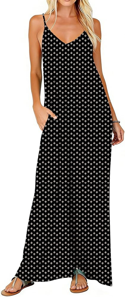 Poetsky Womens Casual Strappy V Neck Sleeveless Flowy Pockets Loose Long Maxi Beach Dress Sundres... | Amazon (US)