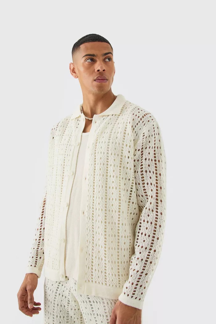 Oversized Long Sleeve Crochet Shirt In White | boohoo (US & Canada)