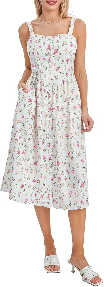 Women Floral Print Corset Dress Sexy Bodycon Spaghetti Strap Midi Flowy Dress Square Neck Low Cut... | Amazon (US)