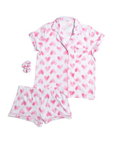 Heart Coat Front Pajama Set With Scrunchie | TJ Maxx