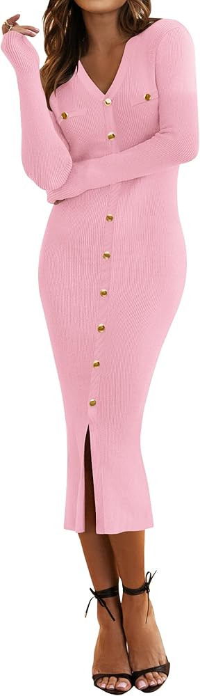 HAEOF Women's 2024 Fall Trendy Long Sleeve Midi Sweater Dress Dressy Casual V Neck Ribbed Knit Wi... | Amazon (US)