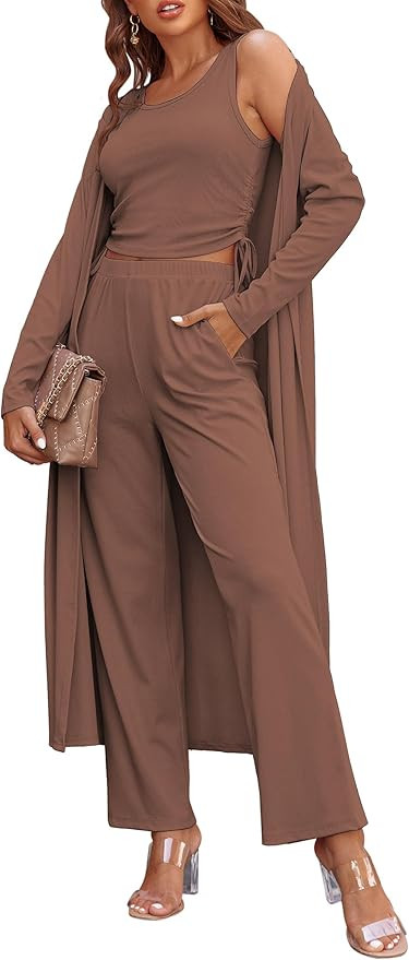 Ekouaer Women's 3 Piece Lounge Set Pajama Long Sleeve Cardigan Sleeveless Top Pants Sweatsuit S-X... | Amazon (US)
